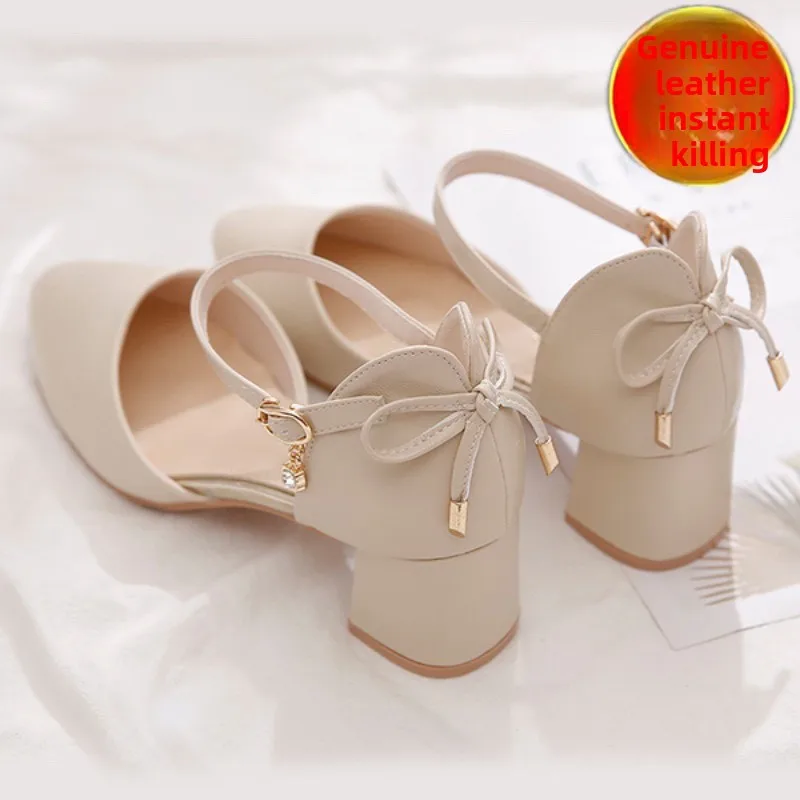 Zapatos de Tacón Alto de Cuero para Mujer, Primavera Verano, Nuevos, Tacón ueso, Hebilla en la Parte Delantera, Sandalias d...