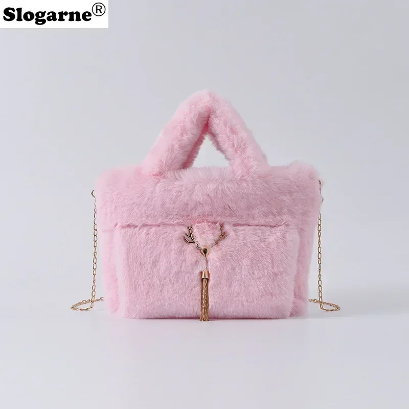 New Women\'s Faux Rabbit Fur Handbag Plush Shoulder Bag Girls Casual Crossbody Bag Fashion Large Capacity Bag Furry Handle Bags