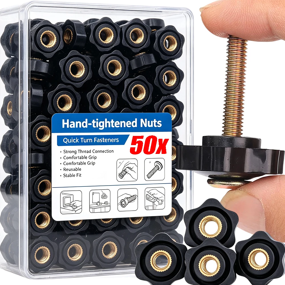 5/50x Hand Tighten Nuts M4 M5 M6 M8 Black Thumb Nuts Clamping Knob Manual Nuts Plum Handle Hexagon Head Screw Threaded Knob Grip