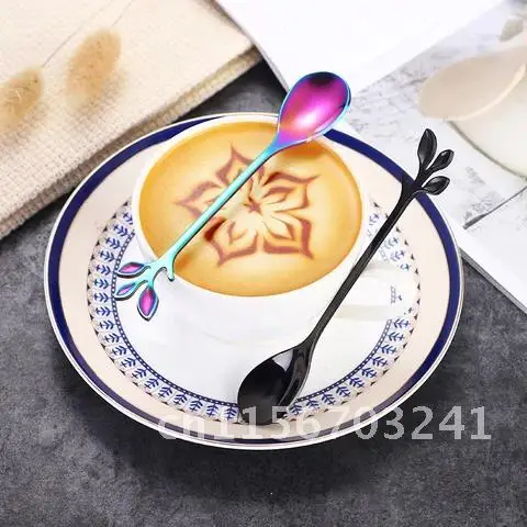 4PCS Stainless Steel Coffee Stirring Spoon Fruit fork Teaspoon Bar Tableware Creative Branch Leaves Spoon/Fork