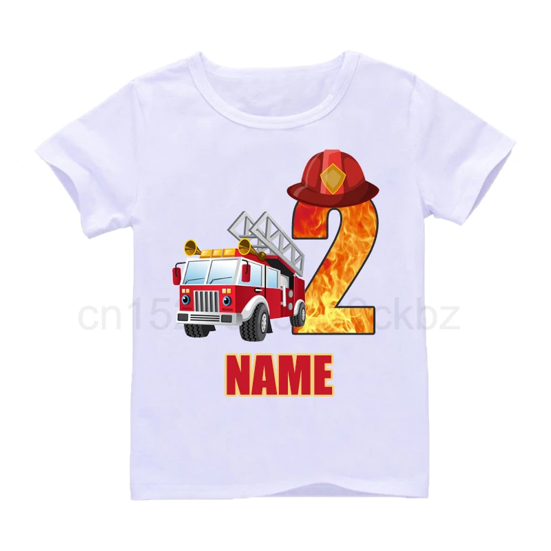 Baby Boys Cool Firefighter Car Birthday Numbers Name T-Shirt Children Girls Happy Birthday T Shirt Kids White Tops