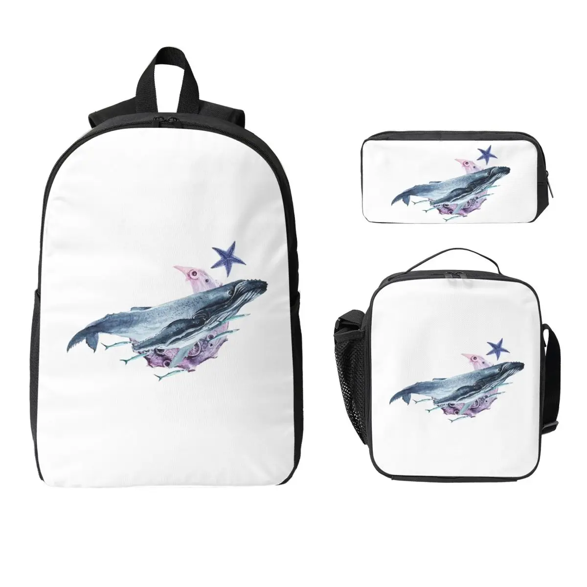 Orca Whale And Dolphin Marine Life Backpack BookBag School Bag Laptop Shoulder Bags 3ps Insulated Lunch Bag Pencil Case