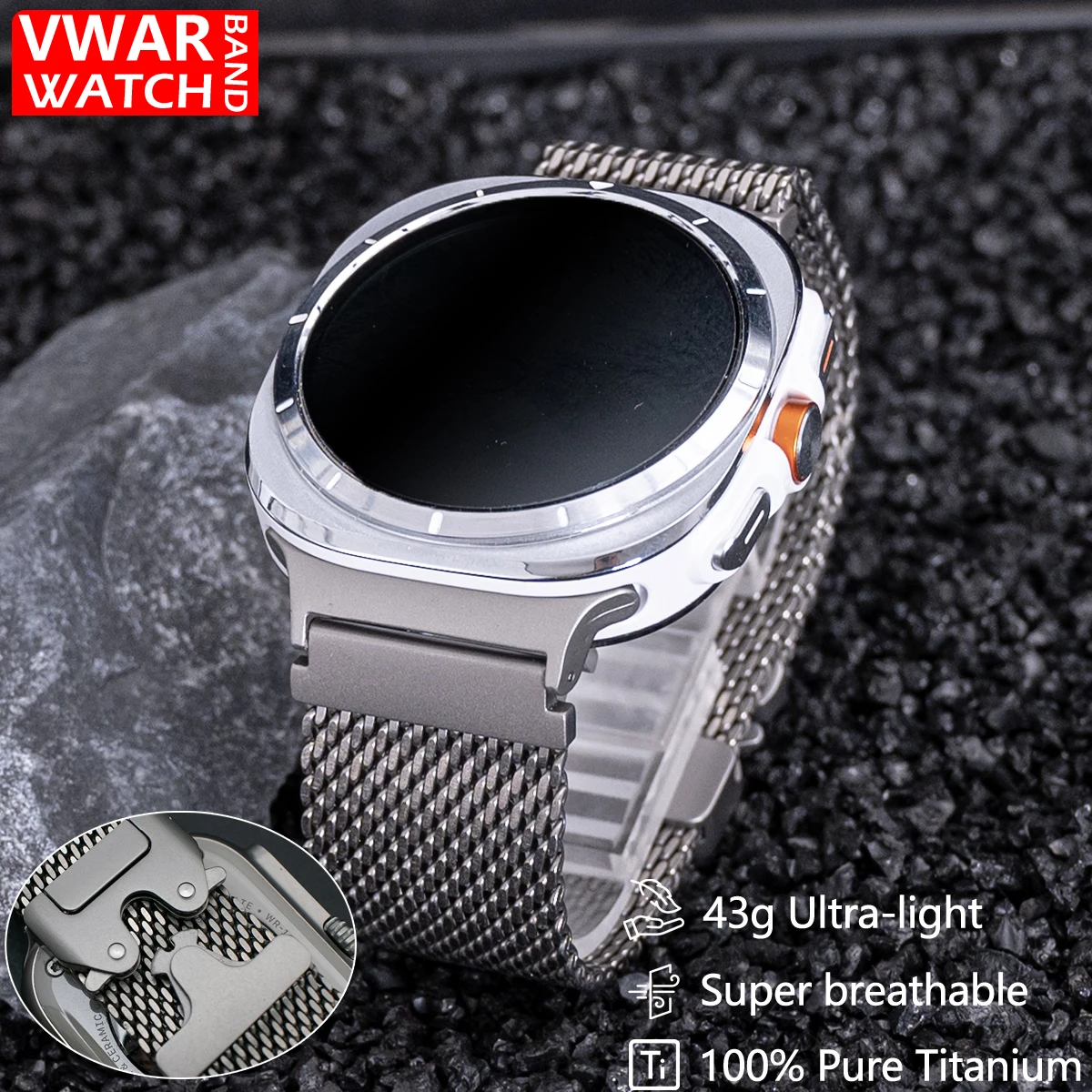

100% Pure Titanium Milanese Loop Band for Samsung Galaxy Watch Ultra 47mm Men Strap Secure Parachute Buckle Correa Ultra-Light