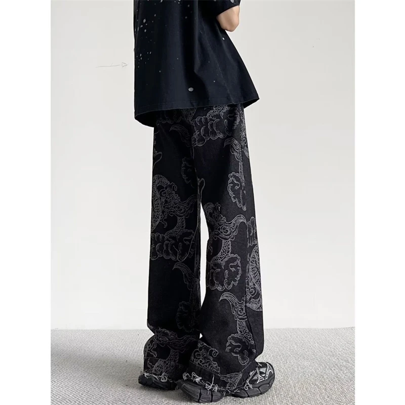 Women\'s Chinese Dragon Pattern Design Unisex Jeans Cool Girl High Waist Bottoms Wide Legs Pants Female Baggy Denim Trousers