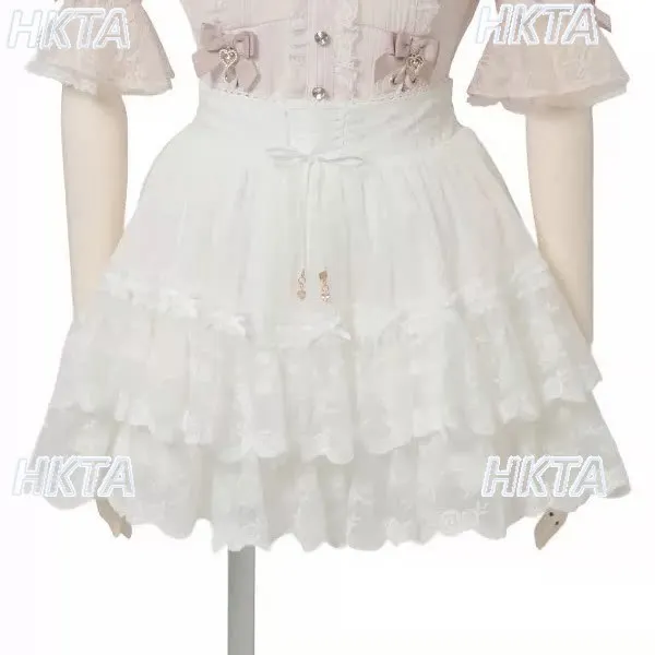 Japanese-style Sweet Lace Skirt Lace Bow Mini Skirt Autumn New Girls Lolita Solid Color Versatile Short Tulle Skirts Culottes