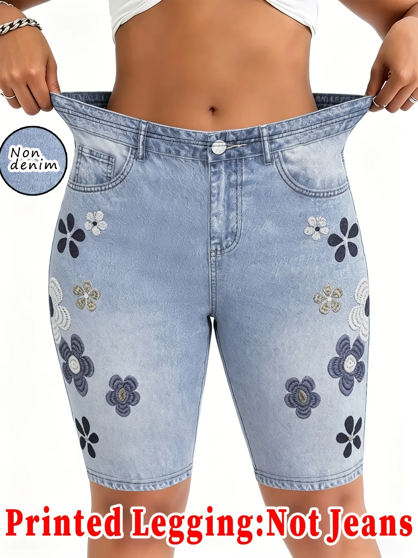 Printed Leggings, Non‑Denim Fabric, Faux‑Pocket & Button‑Print Capri Pants, High‑Stretch New‑Arrival Fashion Skinny Pants