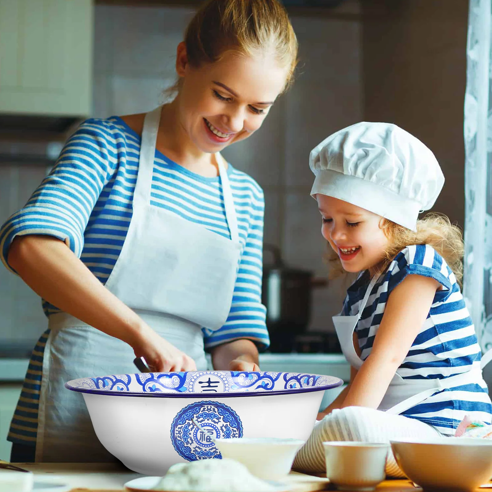 

Large Enamel Serving Bowl Vintage Style Soup Laundry Washing Kneading Container