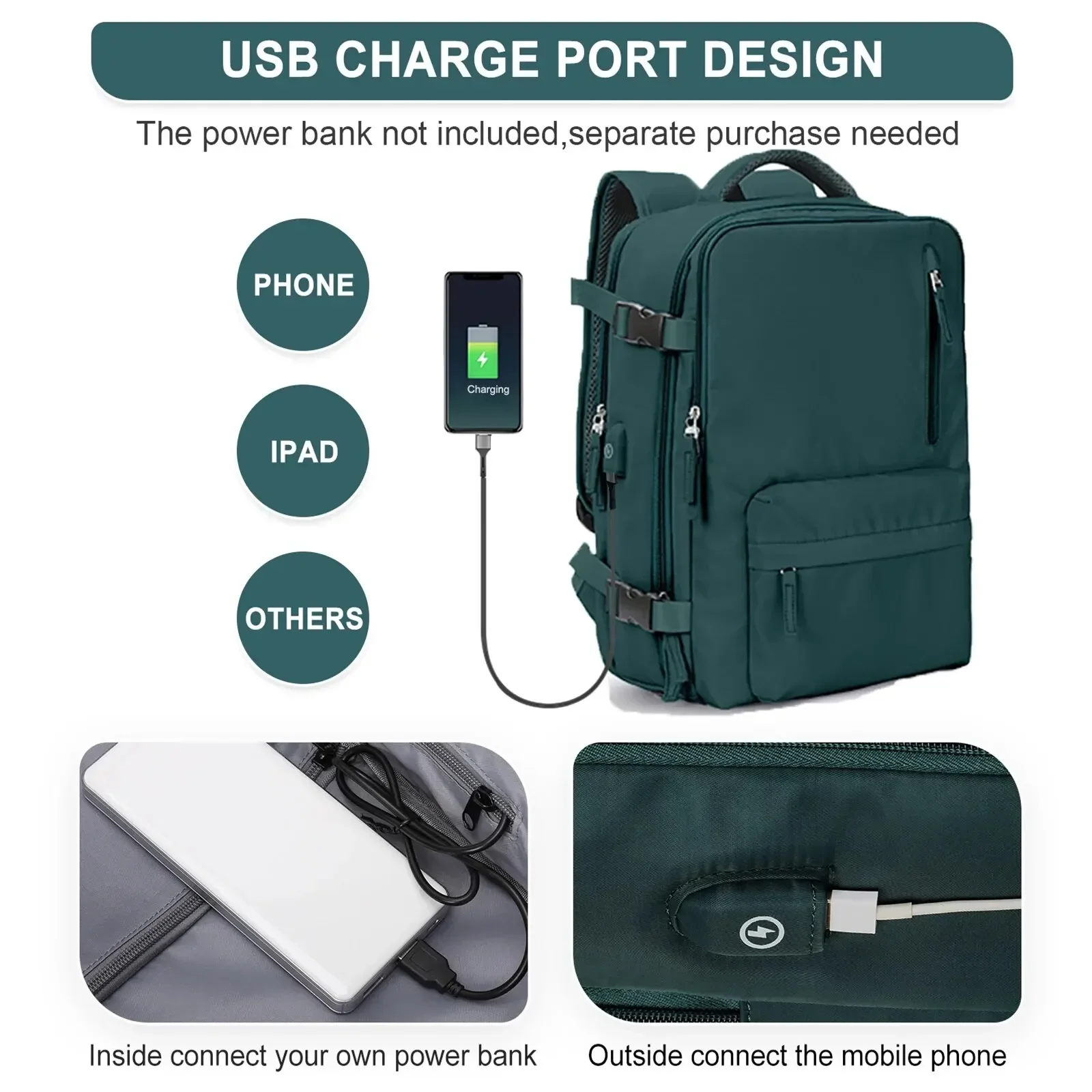 Mochila de viaje de 35L con carga USB, bolsa de artículos personales para vuelo, equipaje de mano aprobado, Maleta impermeable