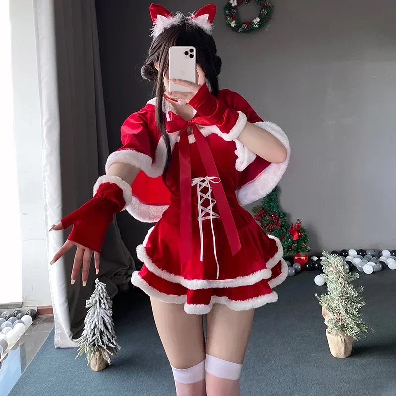 2025 New Red Velvet Christmas Woman Bunny Girl Uniform Sexy Lingerie Halloween Xmas Party Nightclub Dance Performance Dres RQR56