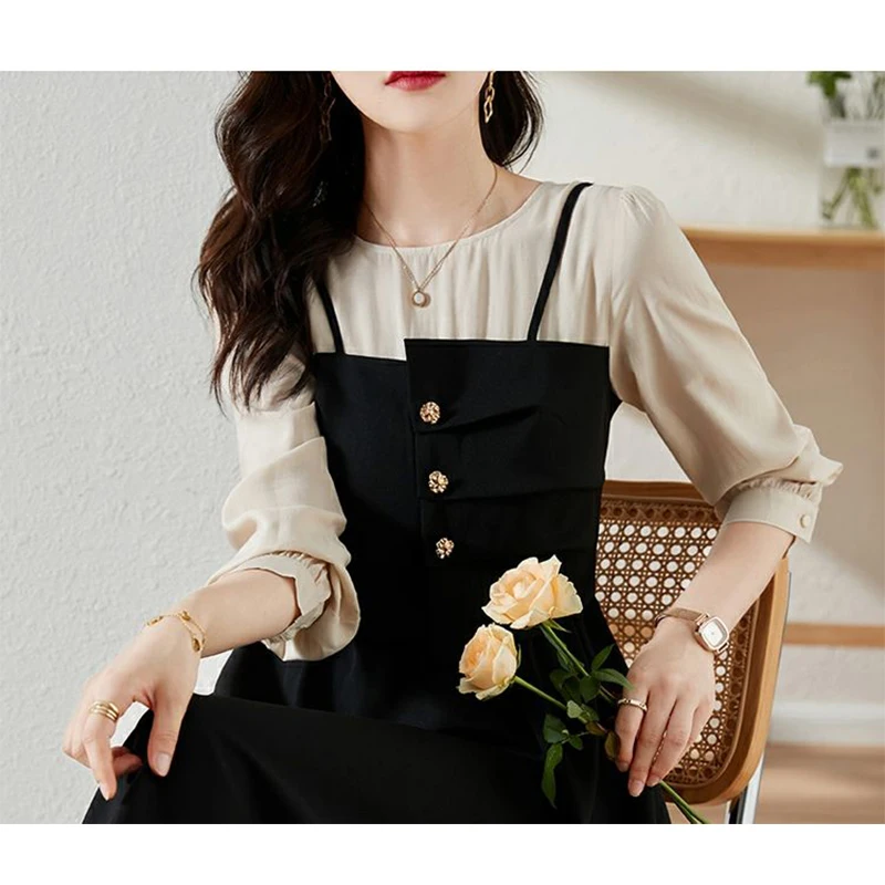 Spring Autumn Fake Two Pieces Pleated Buttons Robe Femme Long Sleeve Elegant Fashion Patchwork Vestido Women Casual A-line Dress