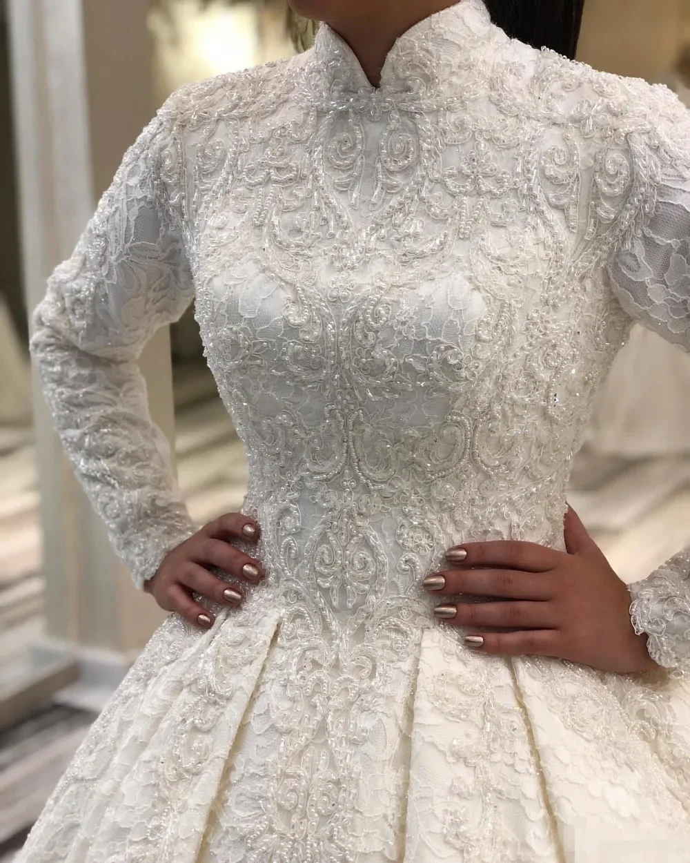 Gorgeous white wedding dress with high neck long sleeve lace applique beaded pearl floor-length bridal gown for women