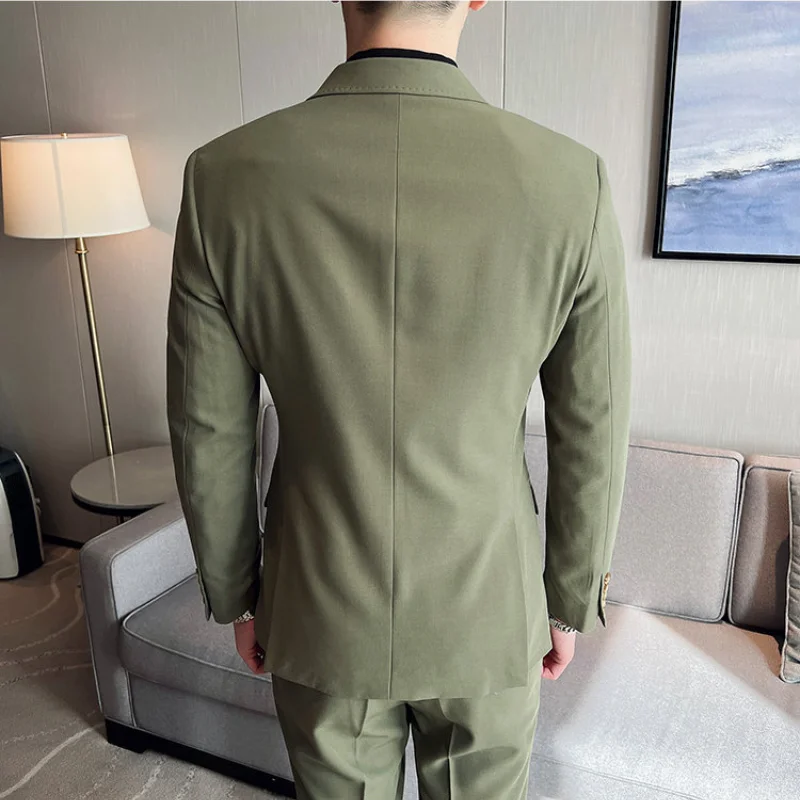 (Jackets+Pants+Vest) High-quality Men\'s Double Breasted Elegant Fashion Suits 3 Pcs Set Olive green Casual Wedding Social Tuxedo