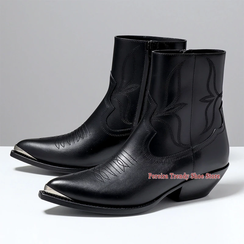 Spring Summer New Iron Pointed Toe Western Boots Trendy Embroidered Cowhide Side Zipper Chelsea Booties Business Dress Shoes