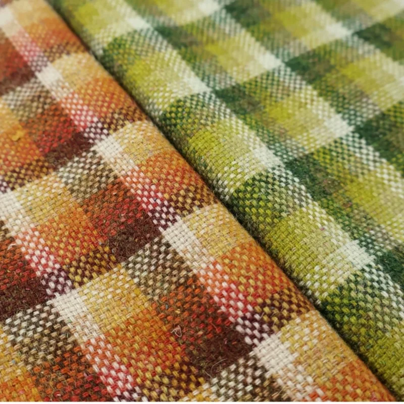 Greenish-gray contrast checkered 100% wool tweed clothing, home decor DIY handcrafted fabric