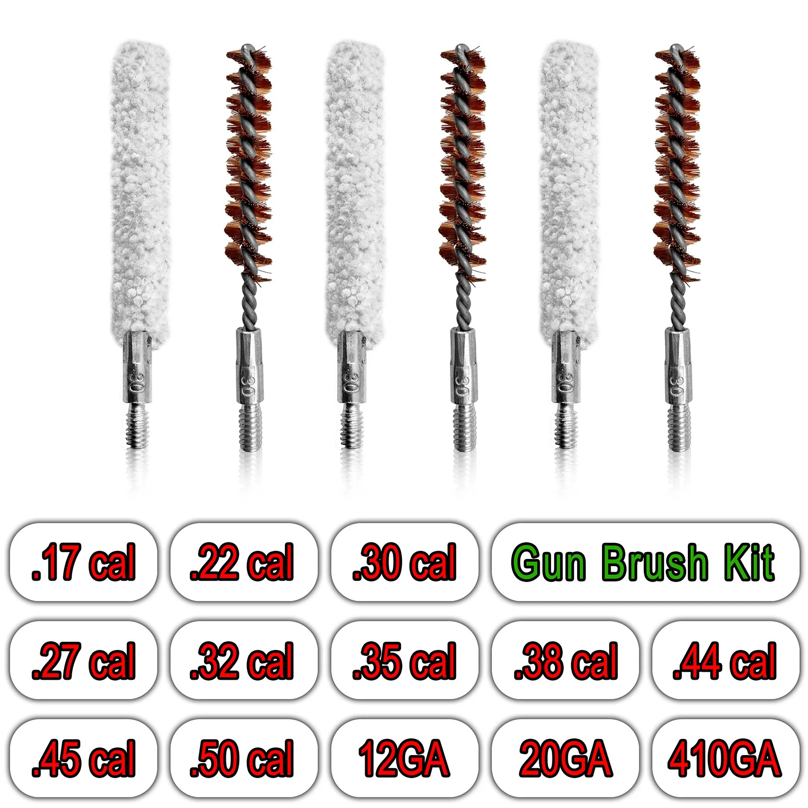 XXLIYA Gun Cleaning Bore Bronze Mop Brush Set 12GA .22/.223/.30/.44/.38 Cal 9mm Chamber Cleaning Kit for Shotgun Pistol Rifle