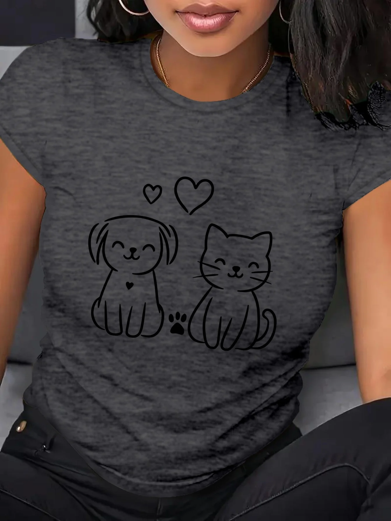 Ladies' Casual Cute Little Dog and Kitten Pattern Soft and Breathable Round Neck Top Comfortable and Fashionable Trendy T-shirt