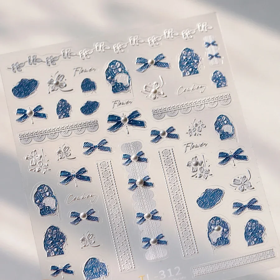 꽃 Bowknot 나비 레즈비언 레이스 Rockery 자갈 데님 색상 5D 양각 구호 접착제 네일 아트 스티커 매니큐어 데칼