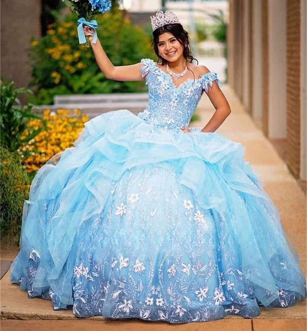 Sky Blue Quinceanera Dresses Ball Gown Off The Shoulder Tulle Lace Puffy Sweet 16 Dresses 15 Años Mexican