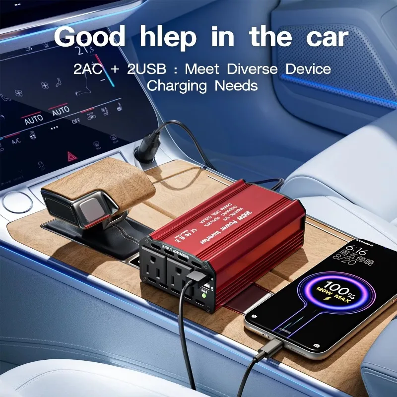 Portable Fast-Charging Car Charger Inverter DC 12V To AC 110/220V US/EU Sockets for Outdoor Camping with Cigarette Lighter Plug
