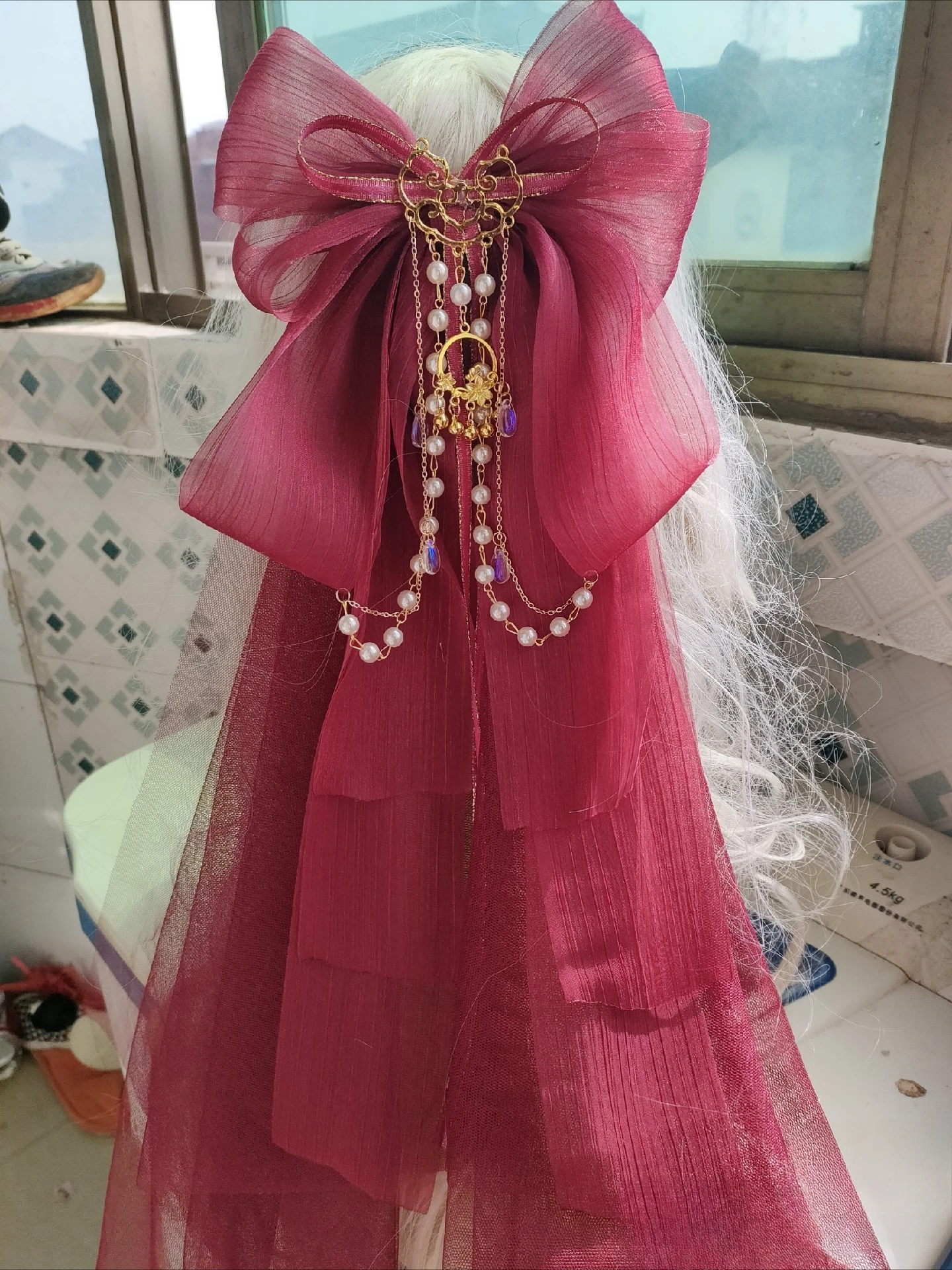 

Lolita Big Bow Ribbon Veil Chinese Style Burgundy Small Objects with Taiyan Beast Hair Accessories Spring Clip