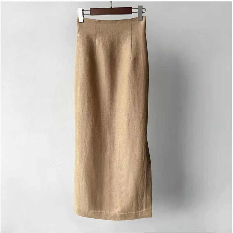 Spanish Art Atmosphere Linen Wool Texture Hem Side Slit Simple High Waisted Spring and Autumn Skirt