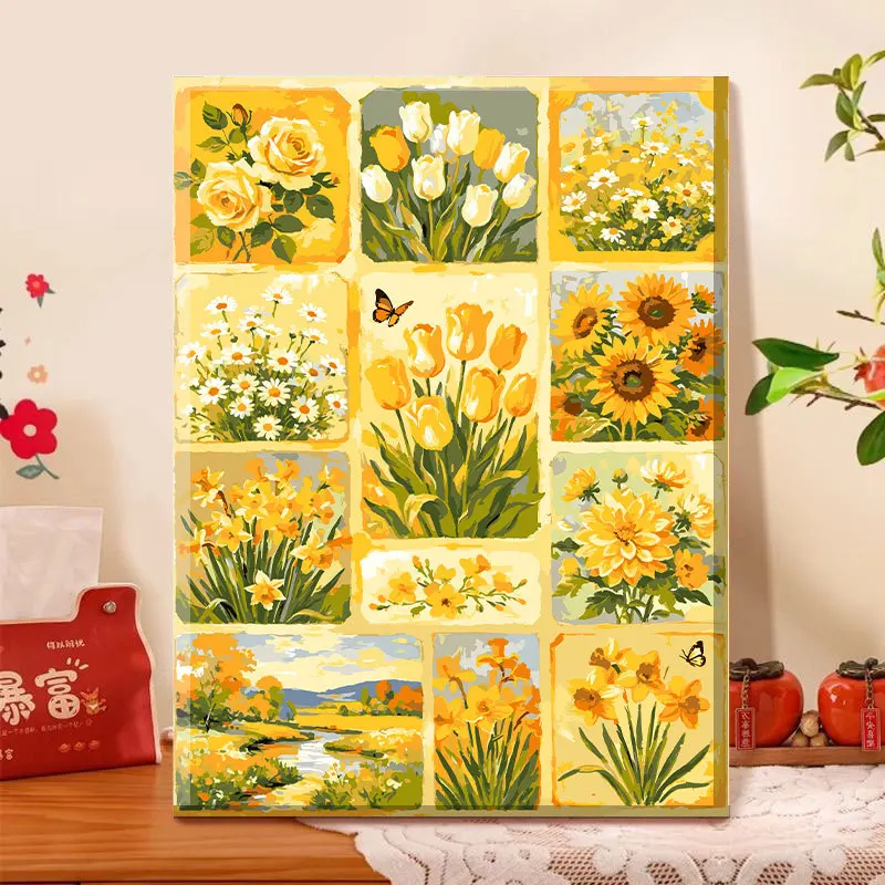 Twelve Grid Flower Collection DIY Paint By Numbers Kit Handpainted Filling Painting Relaxing Healing Wall Art Home Decor Package