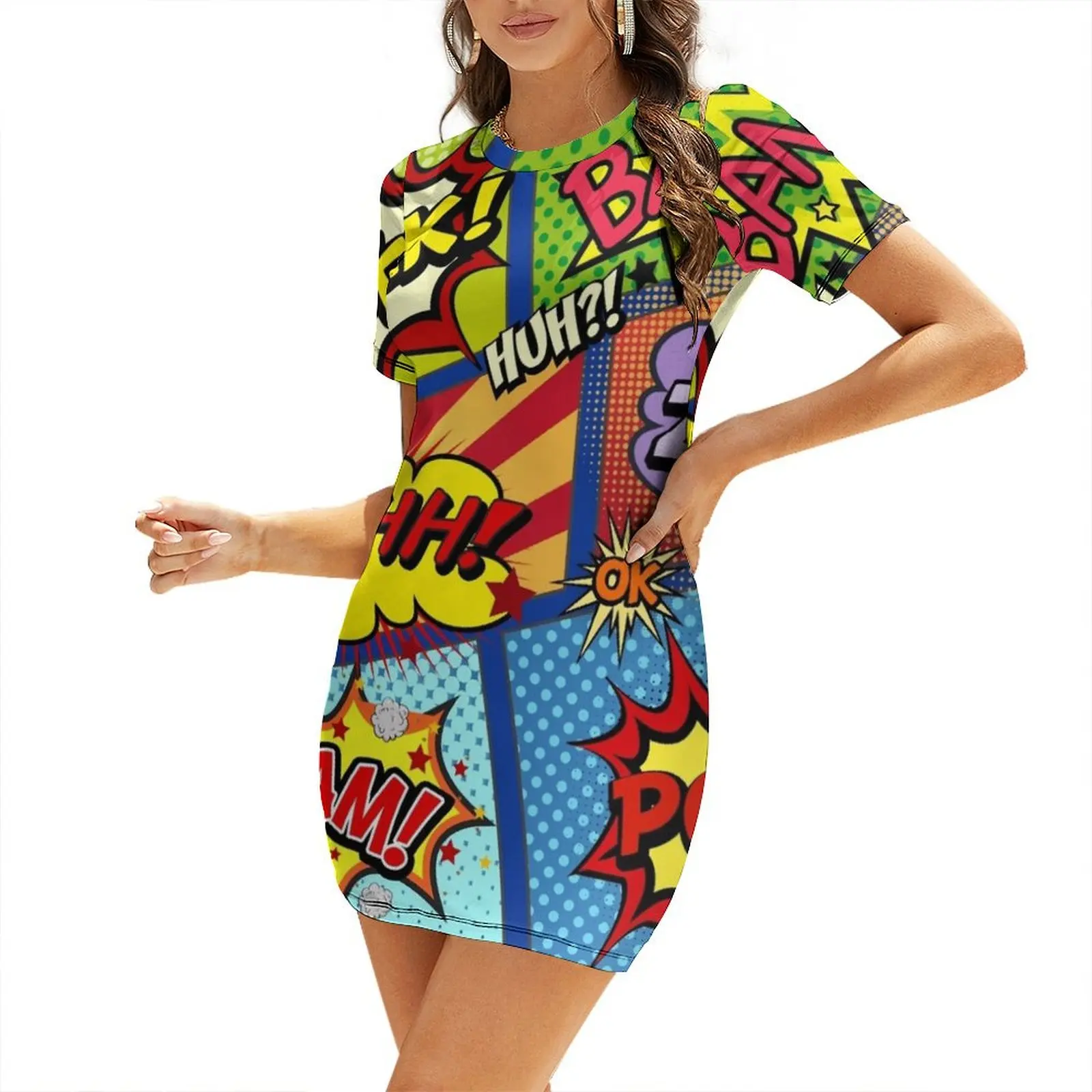 

Colorful Comic Book Panels Short Sleeved Dress women dress elegant women's sets