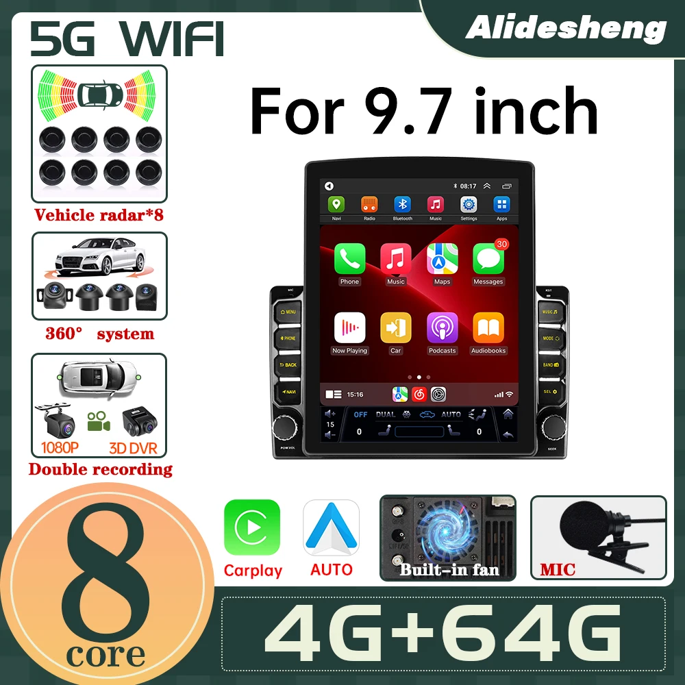 new 9.7 inch Android 13 Carplay Car Radio Multimedia Player Auto for Tesla Style 360 panoramic front rear image reversing radar