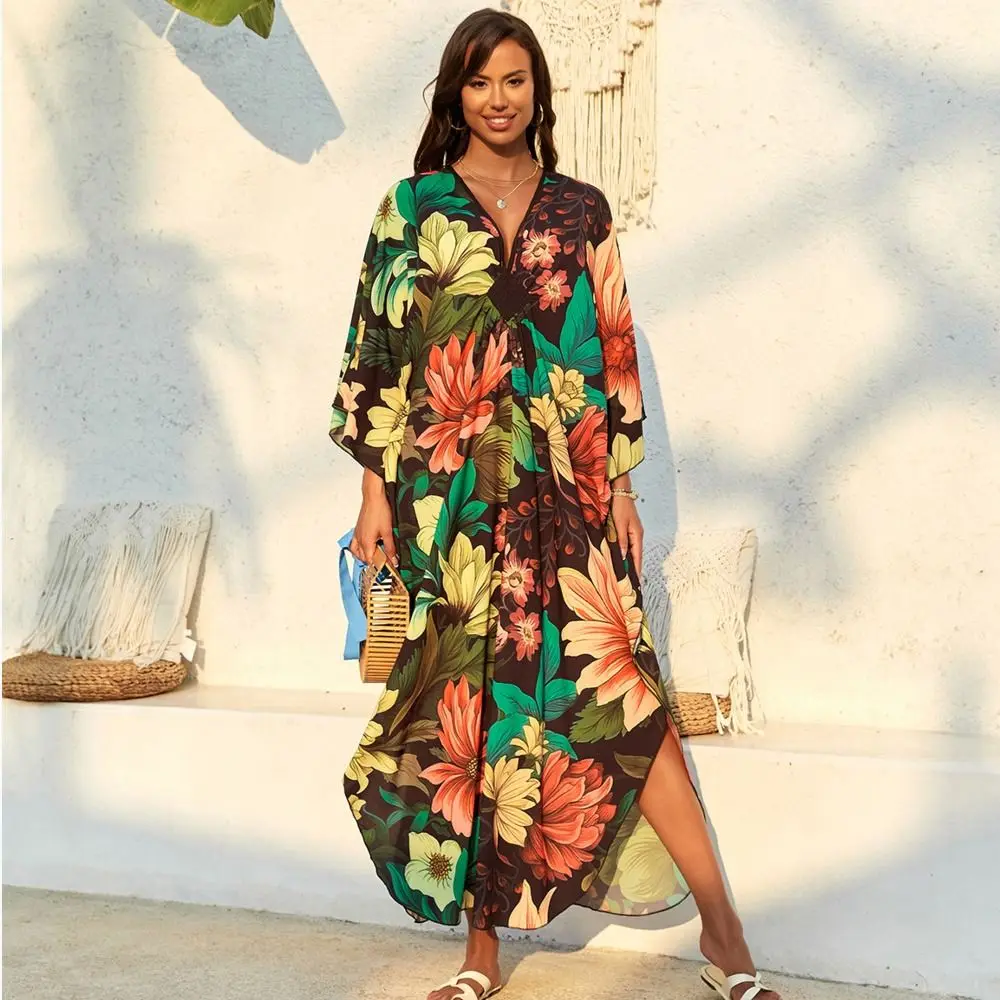 

Fashion V Neck Summer Sunscreen Smock Long Loose Beachwear Shirt Plus Size Vacation Swimsuit Cover Up Dress for Women