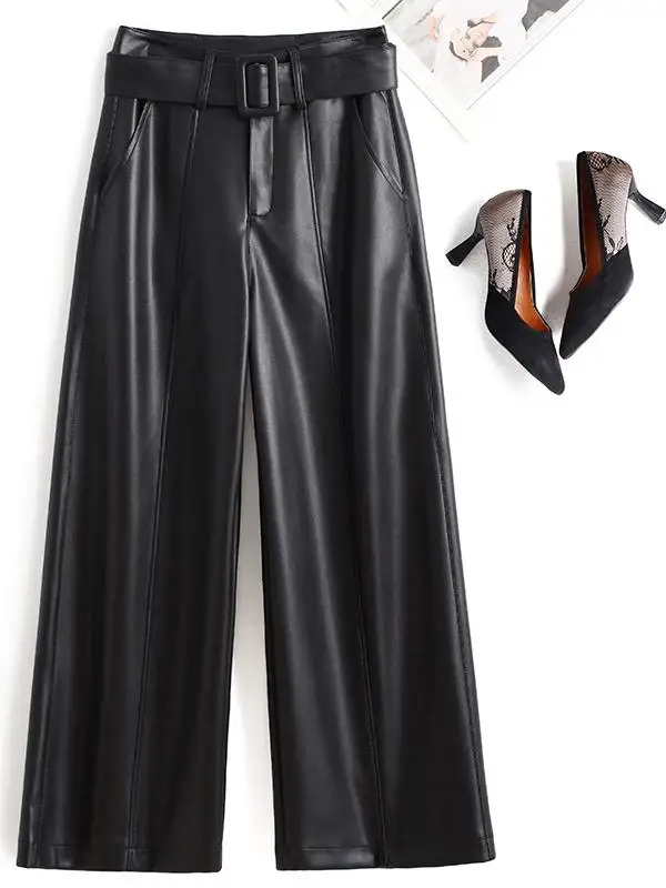   Spodnie z szerokimi nogawkami z prawdziwej skóry Ning, wysoki stan, wyszczuplające, duży rozmiar, prosty krój, jesień-zima, nowe, damskie eepsk...