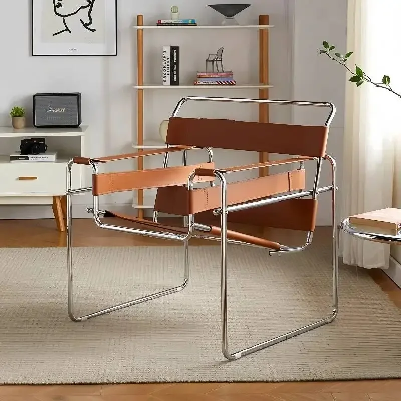Classic Wassily Style Armchair Metal Frame With Leather Iconic Mid-Century Modern Accent Chair For Living Room Decor