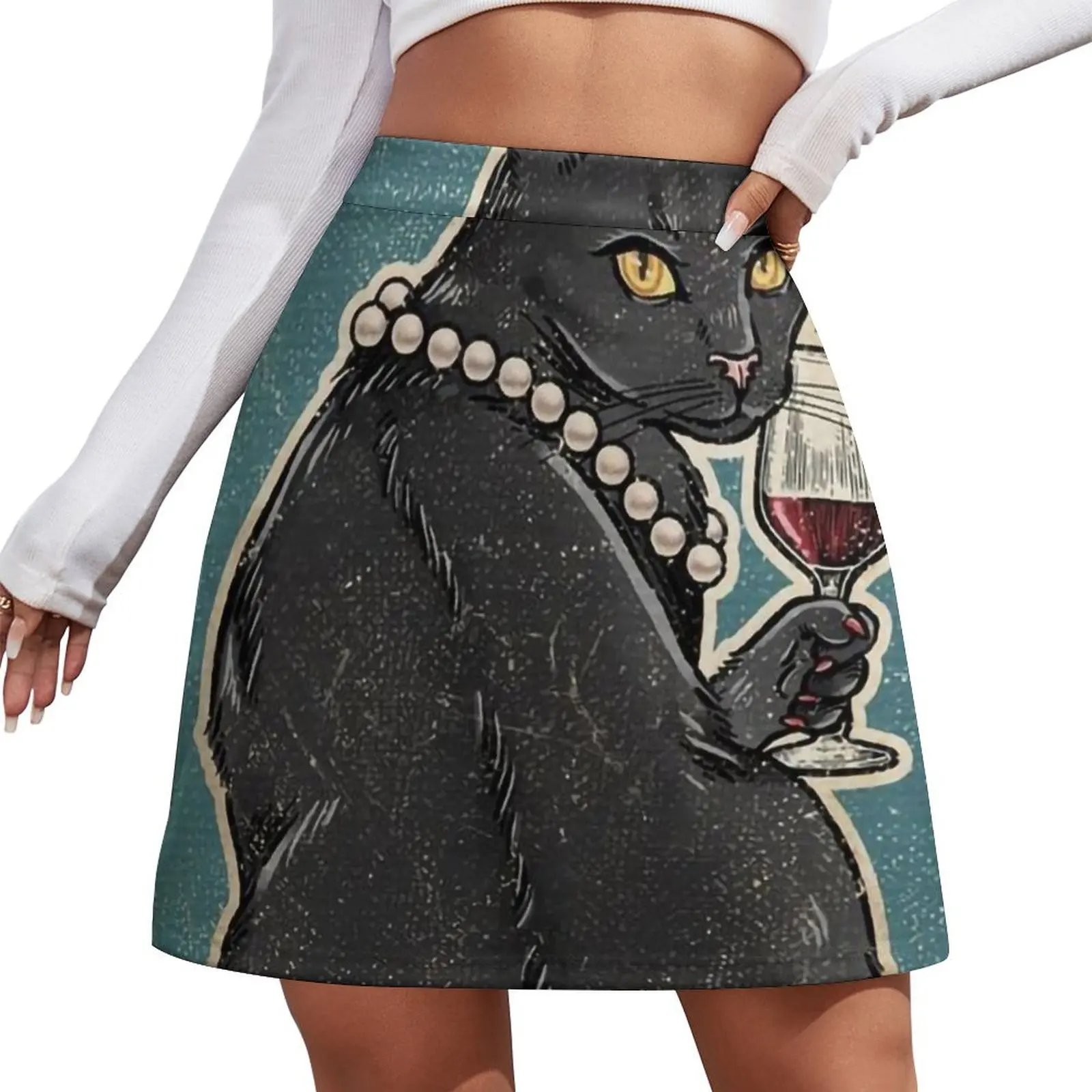 

Black Cat Drinking Wine and Feline fine Mini Skirt Evening dresses skorts for women Mini Skirt