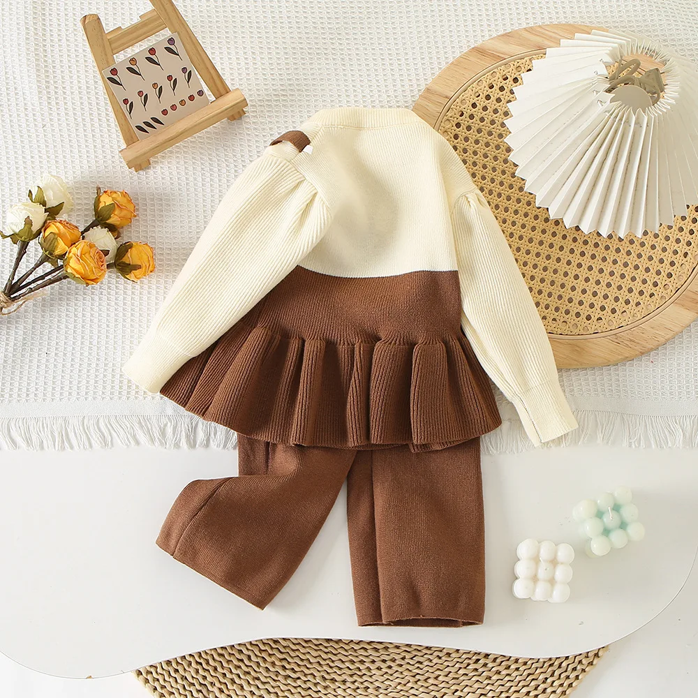 Children\'s Clothing Sets Fake Two Strap Knit Top + Straight-leg Pants Winter Knit Sweater for Children Clothes Outfit Set