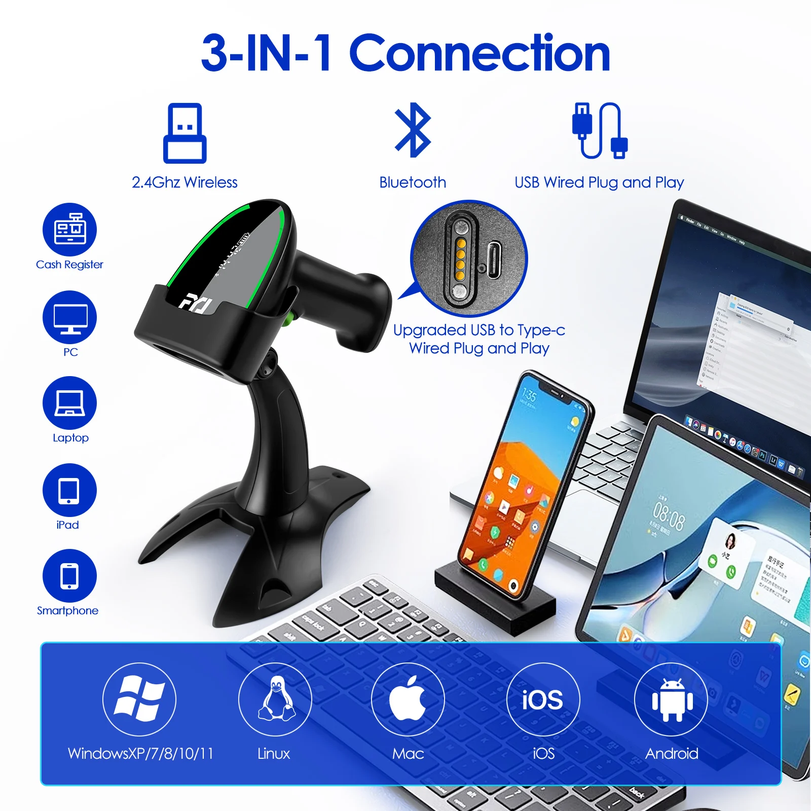 FYJ F8603B Lettore di codici a barre wireless Scanner portatili Base 3in1 Scanner di codici a barre portatile USB 1D 2D per caffetteria in inventario