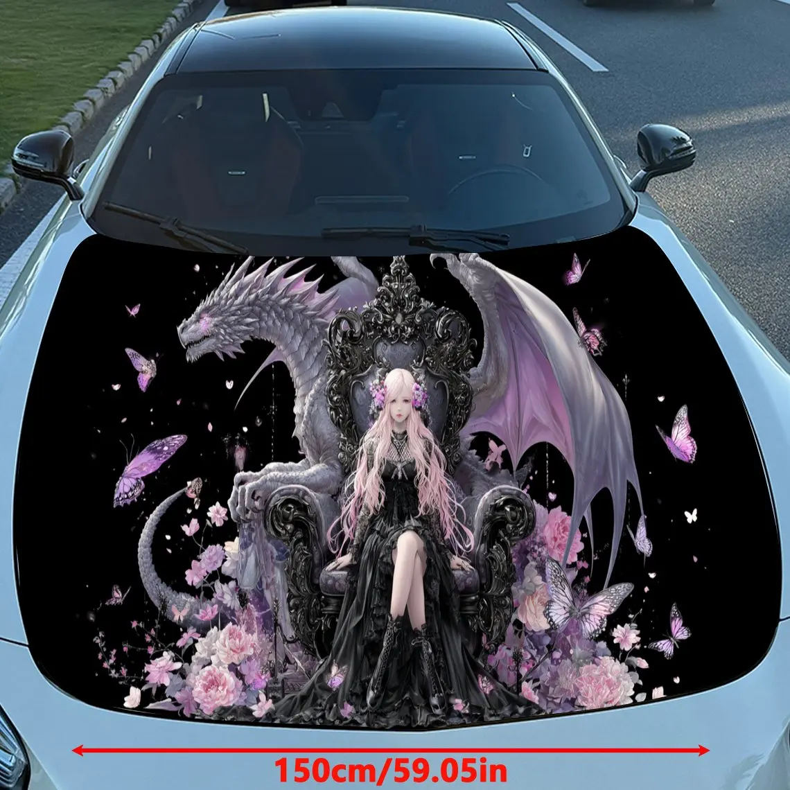 Dark Realm Dragon Princess on Butterfly Flower Throne Car Vinyl Wrap, PVC Material Waterproof Car Hood Sticker, Self-Adhesive Sc