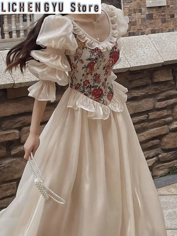 

New French Vintage Print Floral Dress Women O-neck Elegant Evening Party Midi Dress Female Puff Sleeve Korea Fairy Dress Summer