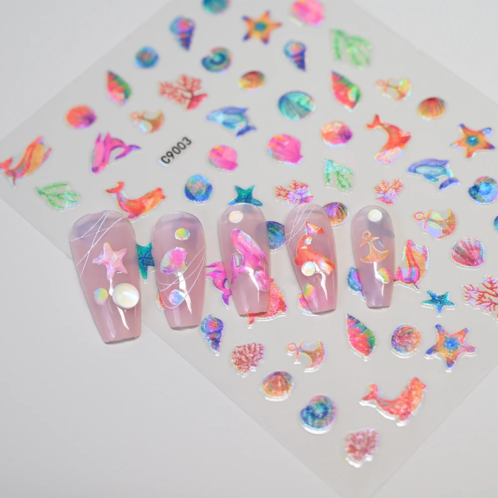1/4 Uds. De pegatinas 3D para uñas de estrella de mar, concha de playa de verano, 10x8cm, concha colorida/medusa/balena, calcomanía para manicura con tema de animales en el océano