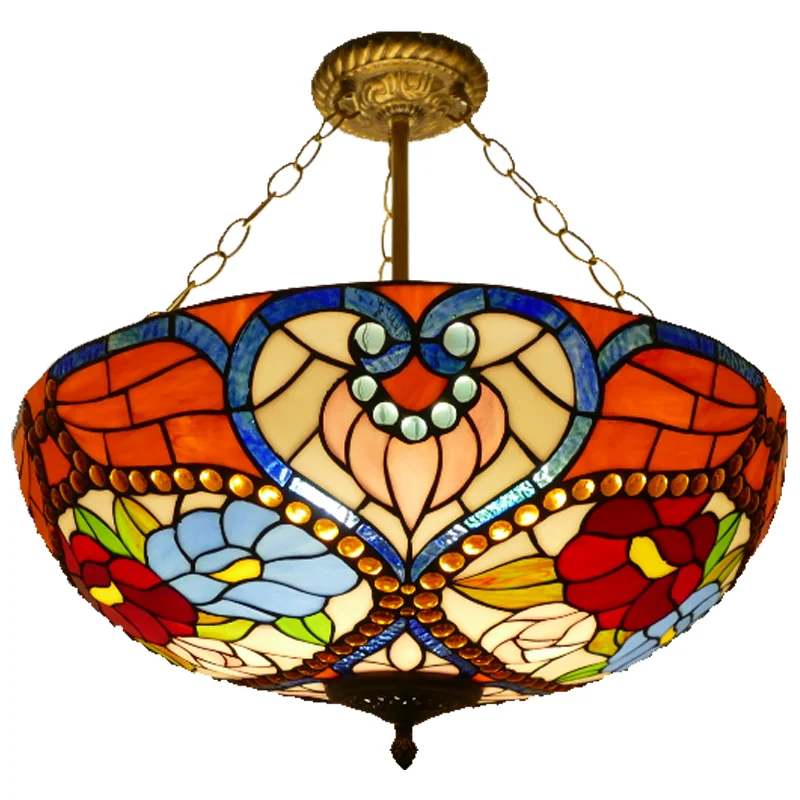 20-Inch Classic Baroque  Stained Glass Ceiling Light Retro Dining Room Pendant Restaurant Bar Club Bedroom Hanging Large