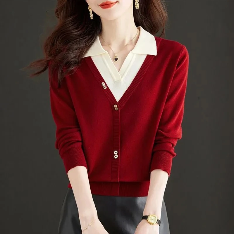 

2024 Spring Autumn New Fake Two Piece Knitted Sweater Women Pullovers Korean Contrast Lapel collar Long Sleeve Female Knit Tops