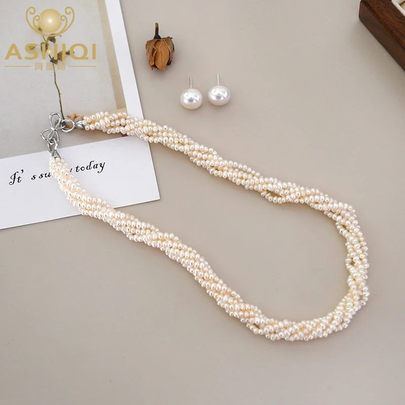 ASHIQI 2-3mm Natural Freshwater Pearls Multilayer Necklace 925 Sterling Silver Wedding Party Fashion Jewelry for Women