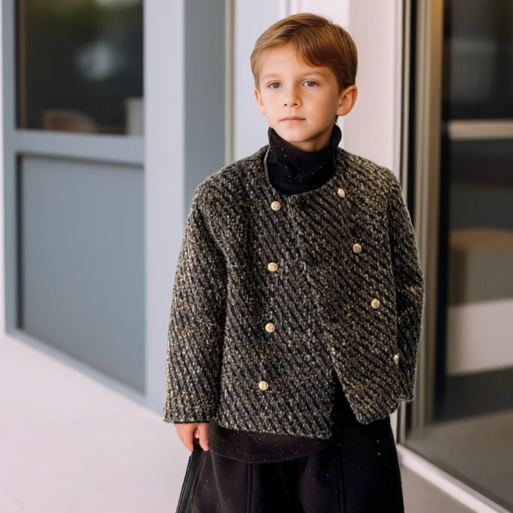

Fall Winter Elegant Kids Tweed Jacket Fashion Double-Breasted Black-gold Teen Boys Blazer Retro Child Birthday Party Outerwear