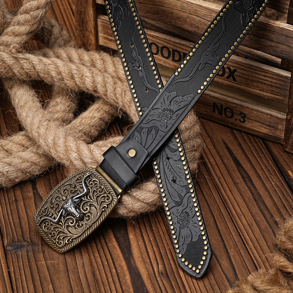 Herren Damen-Western-Cowboy-PU-Leder-Gürtel – Vintage-Gürtel mit floraler Gravur und Schnalle für Jeans – Detail 8