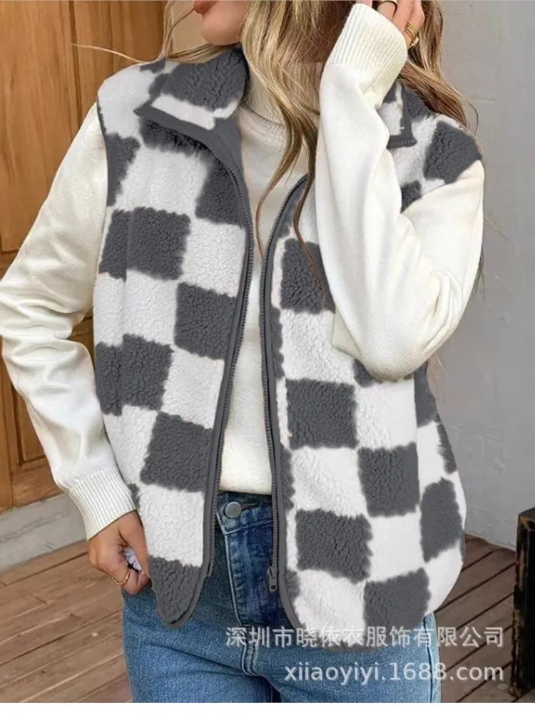 2025 여성 패션 플러시 루즈 스퀘어 체크 베스트 가을 겨울 캐주얼 지퍼 가디건 베스트 레트로 코트 여성용