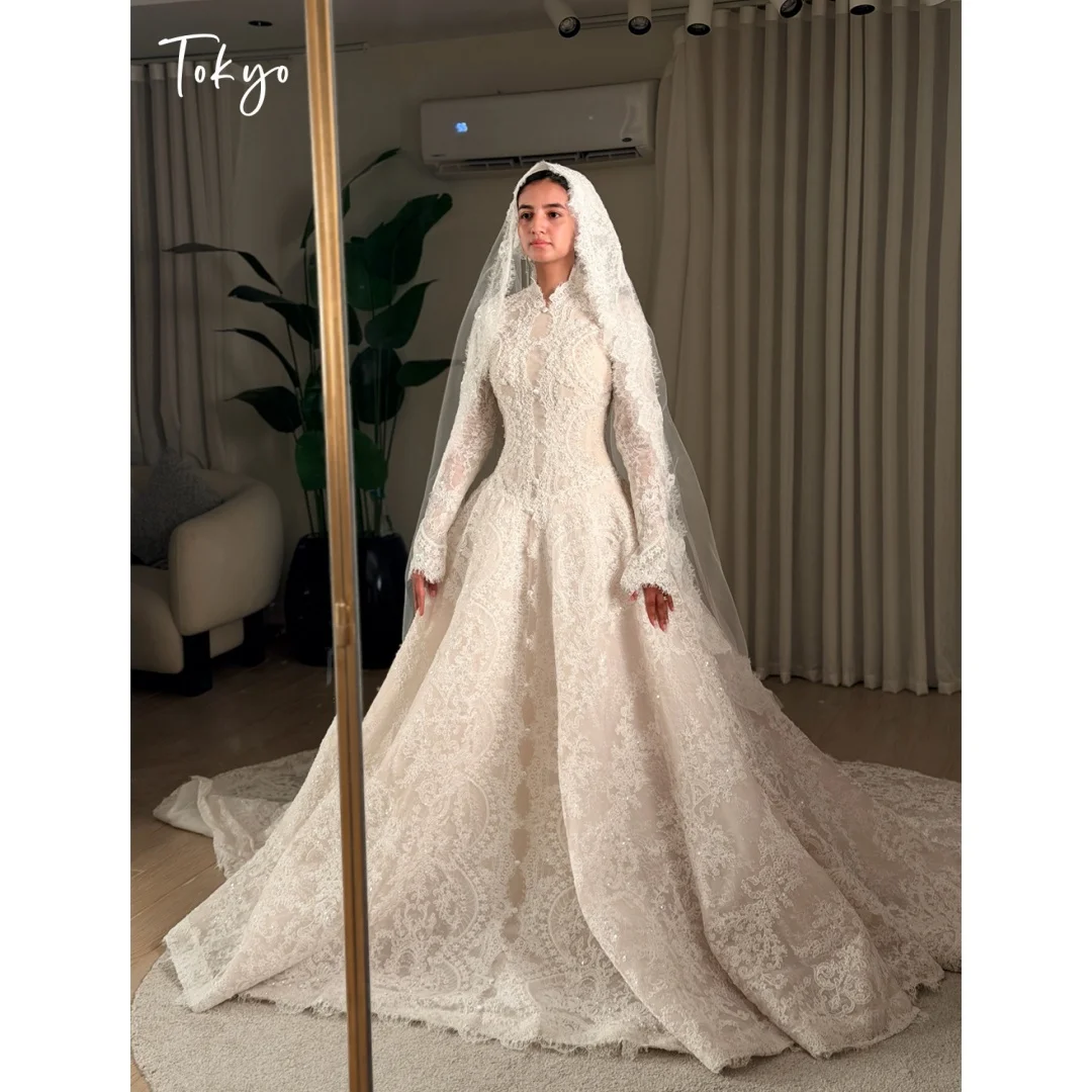 Tokyo Custom Modest High Neck Long Sleeve Lace Wedding Dress Full Train Bridal Gown Sheer Veil Formal Wedding Ceremony Wear