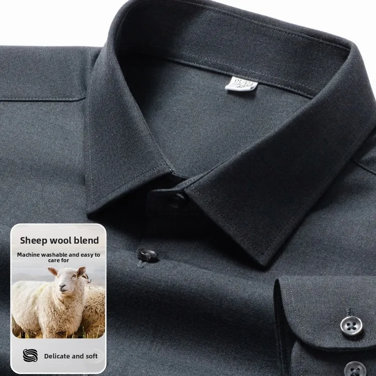 Men's Wool Blend Long Sleeve Shirt Business Casual Machine Washable Wrinkle Resistant Square Collar Button Down Shirt