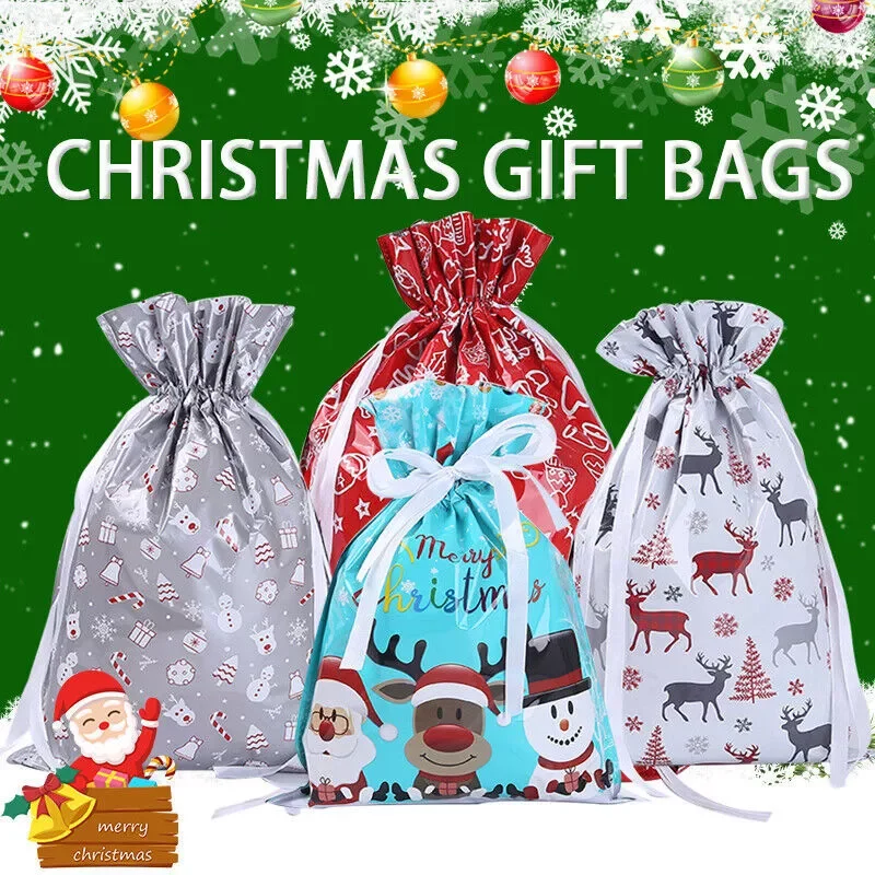 10PCS 32X24CM Large Christmas Sacks Party Gift Bags Ribbon Drawstring Wrap Present Storage Bags Xmas Presents Party Decoration