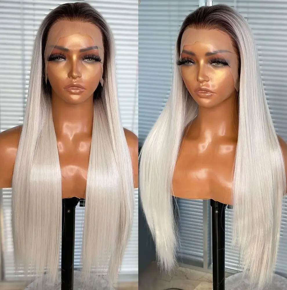 

Platinum blonde Long Straight Frontal T Lace Wigs Synthetic Hair Heat Resistant