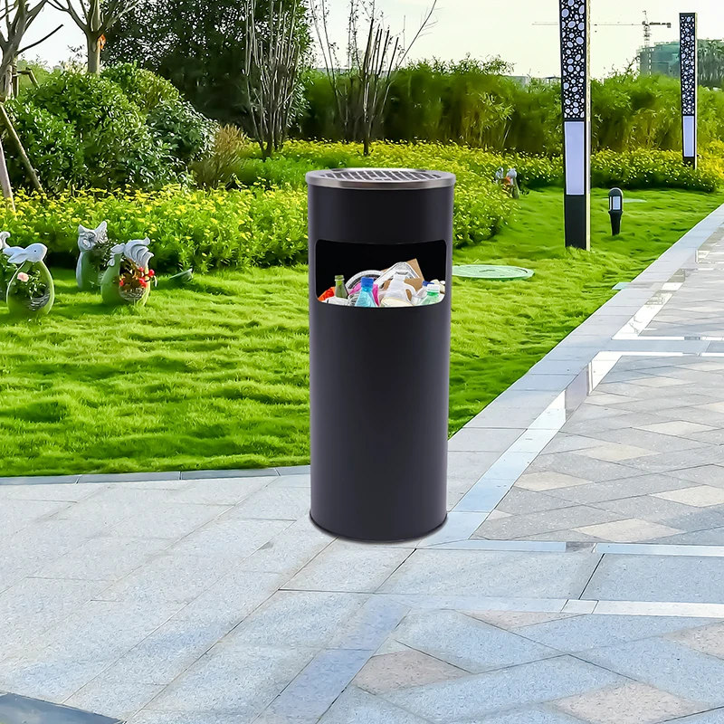 Black Trash Bin 30L Stand Indoor/Outdoor Trash Bin Ashtray Modern Minimalism Standing Trash Bin