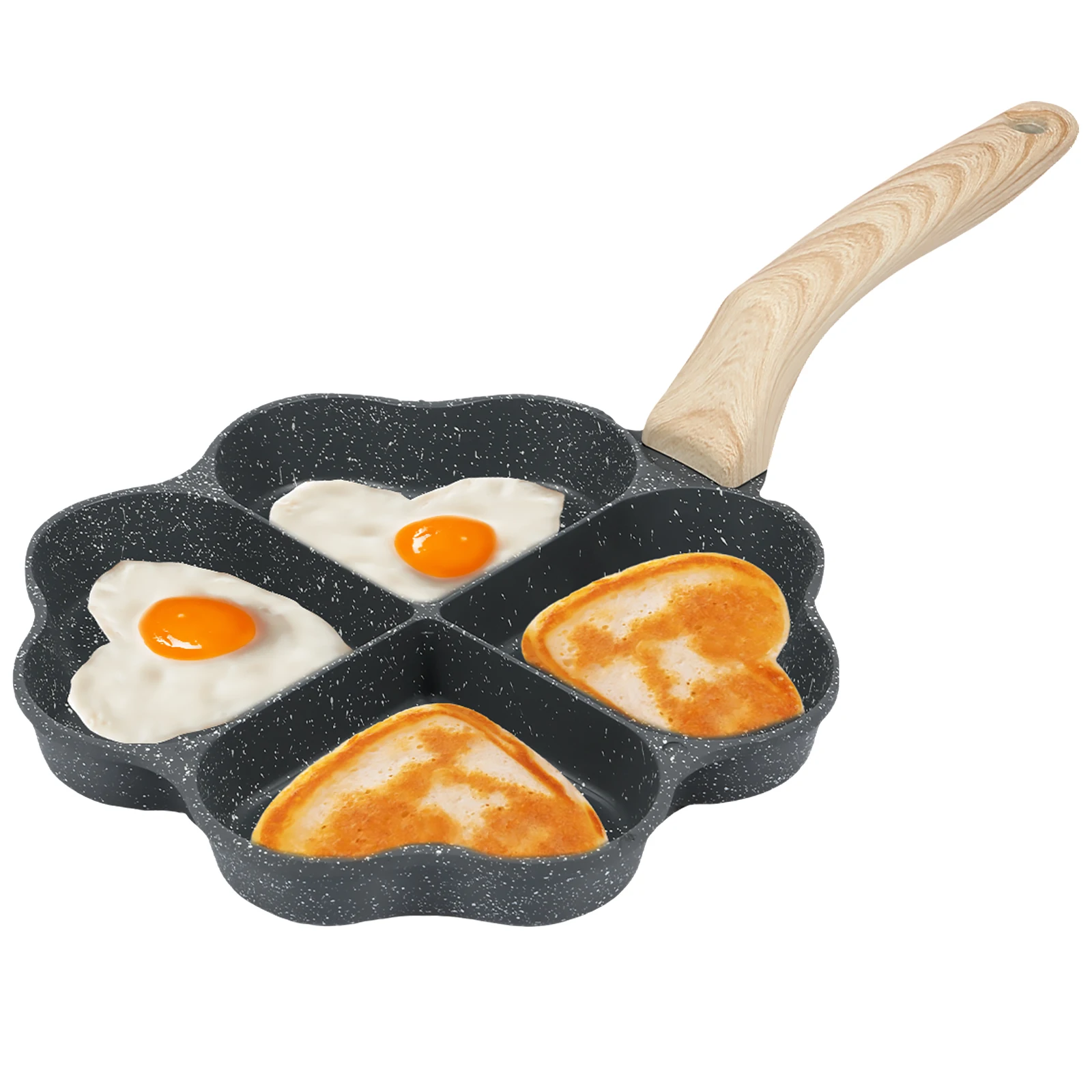 Egg Frying Pan Aluminum Alloy 4-Cup Heart Omelette Pan Non-Stick Egg Skillet with Wooden Handle for Gas Stove Induction Cookware