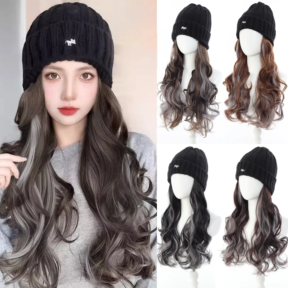 

Синтетическая шапка, парик, шапка с волосами, парики, длинные волнистые волосы, теплая мягкая лыжная вязаная осенне-зимняя шапка для женщин, Рождество, Новый год
